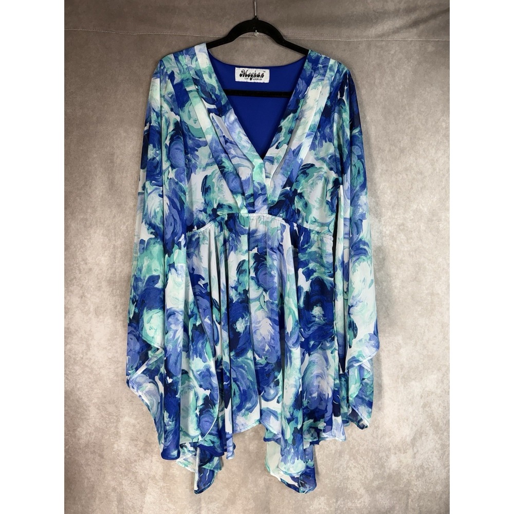 Meghan Los Angeles Handkerchief Hem Bell Sleeve Dress In Blue Women's Size M